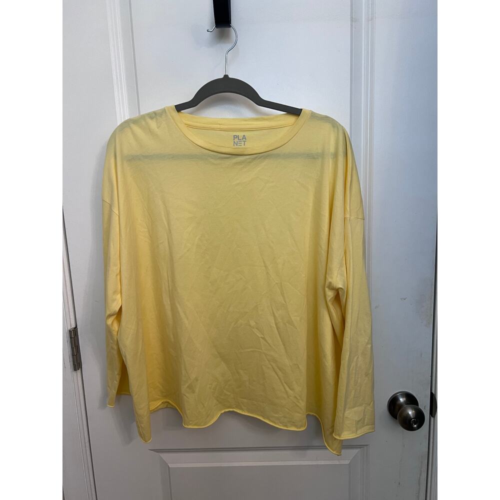 PLANET By Lauren G Pima Cotton Detail Open Neck OS Tee Raw Edges Minimalist Boxy